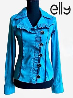 ELLY Blouse Turquoise Black Piping Ruffle (Euro 40/XS)